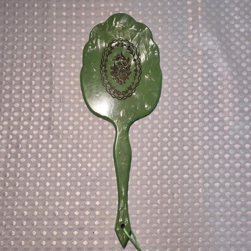 Vintage Green Celluloid Hand Mirror Marbled Pearlescent Decor 13.5